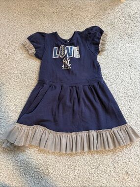 Navy & Beige Girls' Yankees Love Ruffle Dress